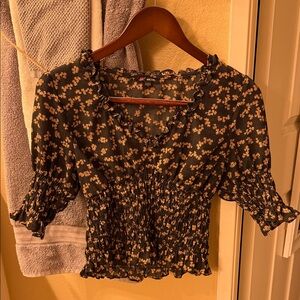 Michele Black and Cream Floral Smocked Blouse